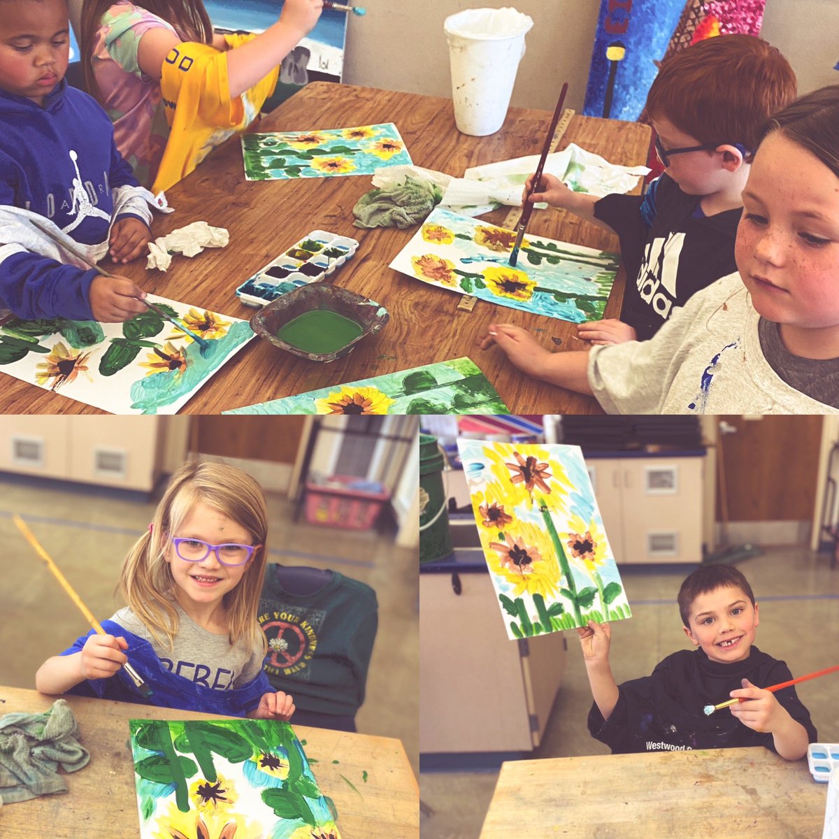 Kindergarten artists got their Van Gogh on and created these beautiful sunflower paintings focusing on making visible brushstrokes.  Love these!!
