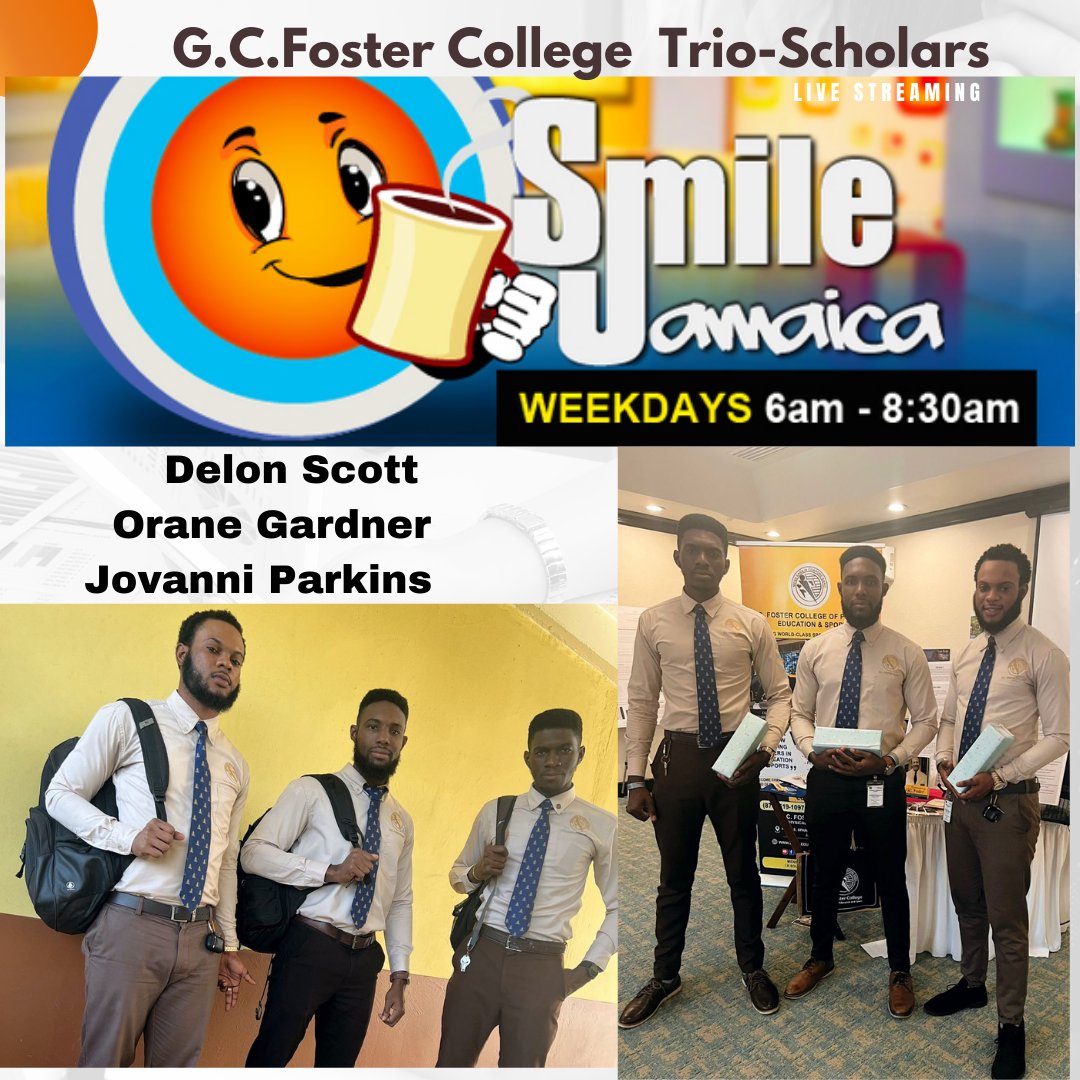 GCFOSTERCOLLEGE's tweet photo. Balance | Academic &amp; Sport: Tune in to Smile Jamaica this Thursday, April  20, 2023 @ 6:15 to hear from Delon, Jovanni and Orane. G.C. Foster College's Final year B.Ed students. (Academic scholars, youth leaders, and sport enthusiast) 📚🏐🪜. https://t.co/aAoGH1jKOo
