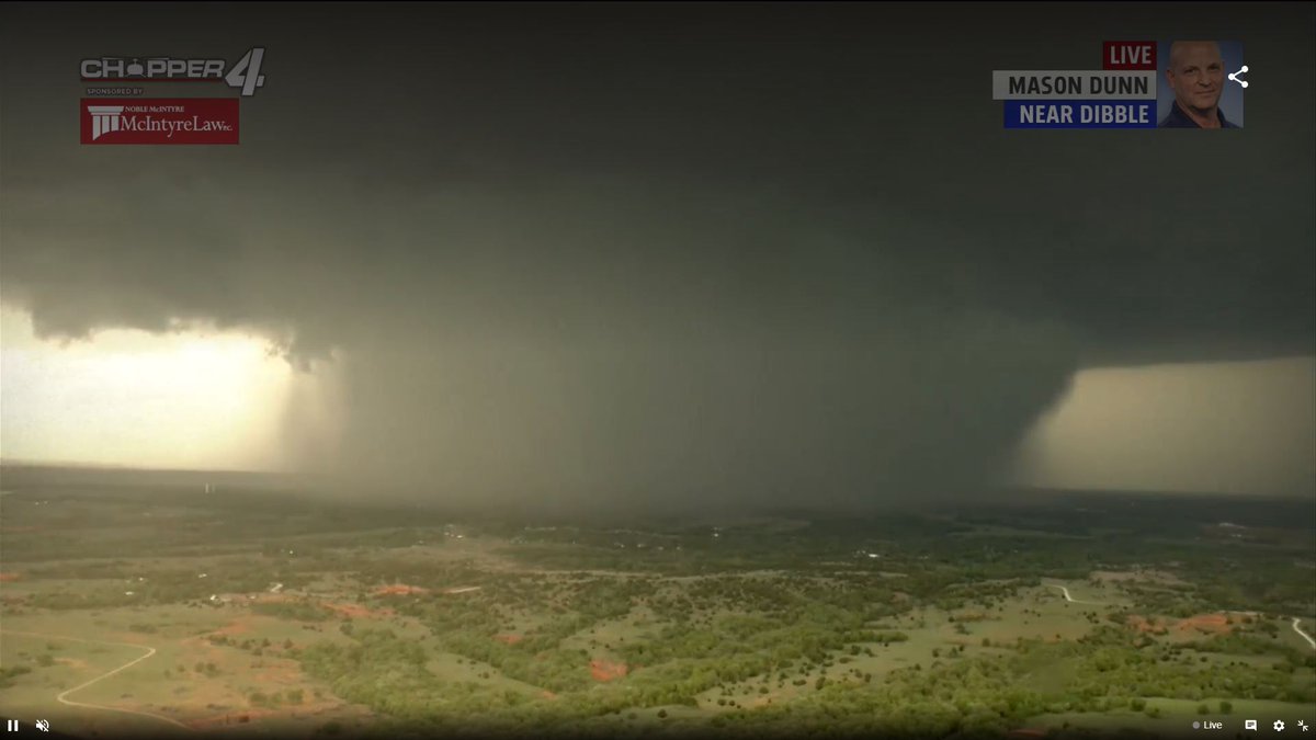 NbergWX's tweet photo. 7:53PM: This supercell producing a major violent tornado has INSANE structure. KFOR chopper just captured this visual. Very violent tornado about to pass right over I-35 in the Norman area. https://t.co/TdNK8rZQ6W