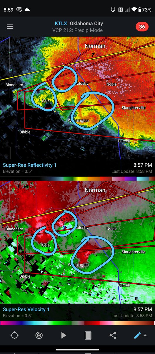 AndyHazelton's tweet photo. Woah this is an interesting radar look at the storm approaching Norman. Almost looks like 3 areas of rotation. Obviously the one big one. https://t.co/JwDiMNukhl