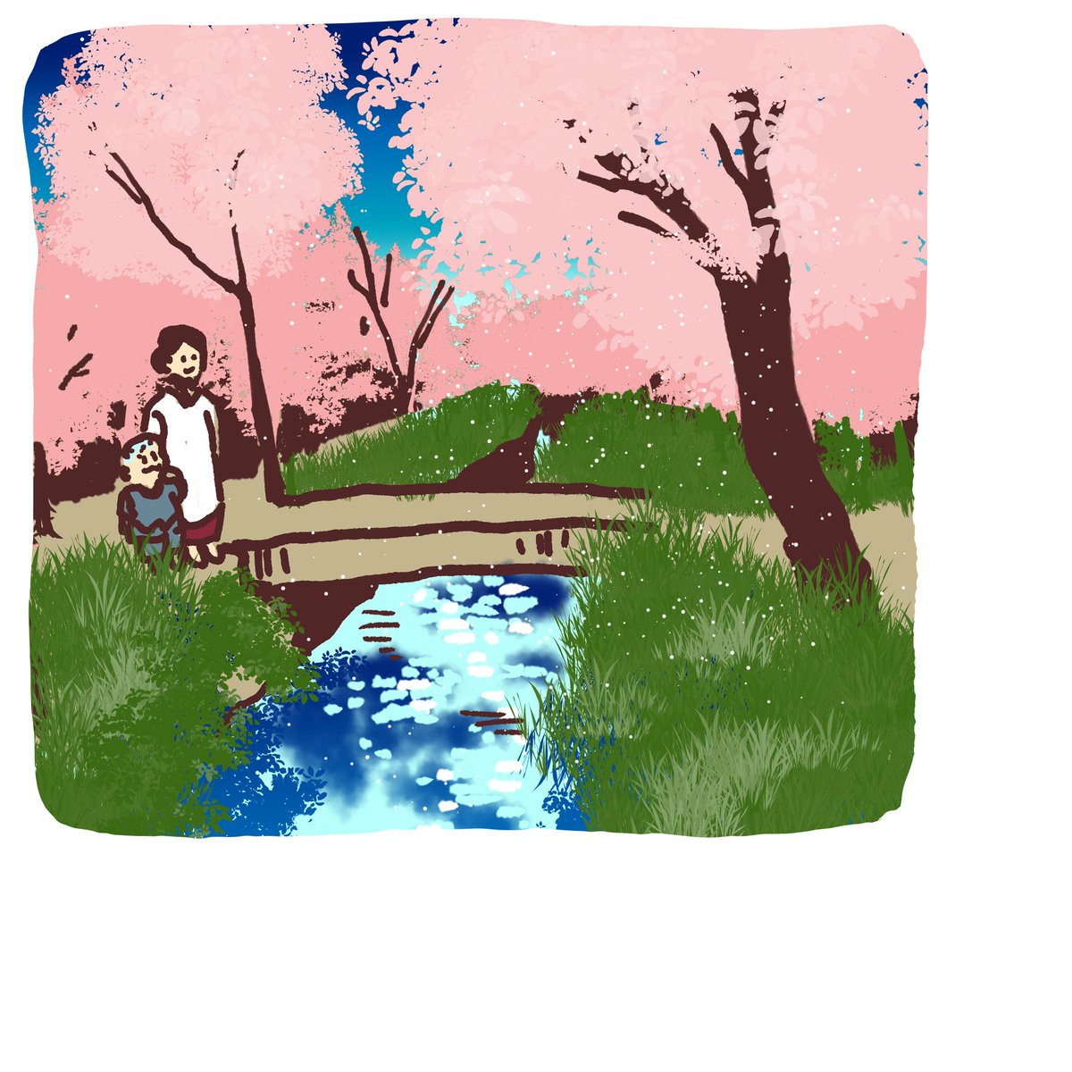 「#としまひすとりぃ 絵「千川上水」桜と水面が美しく描けて気に入っている1枚です。」|マンガ家　織田博子 @7/20「世界家庭料理の旅　おかわり」発売！のイラスト