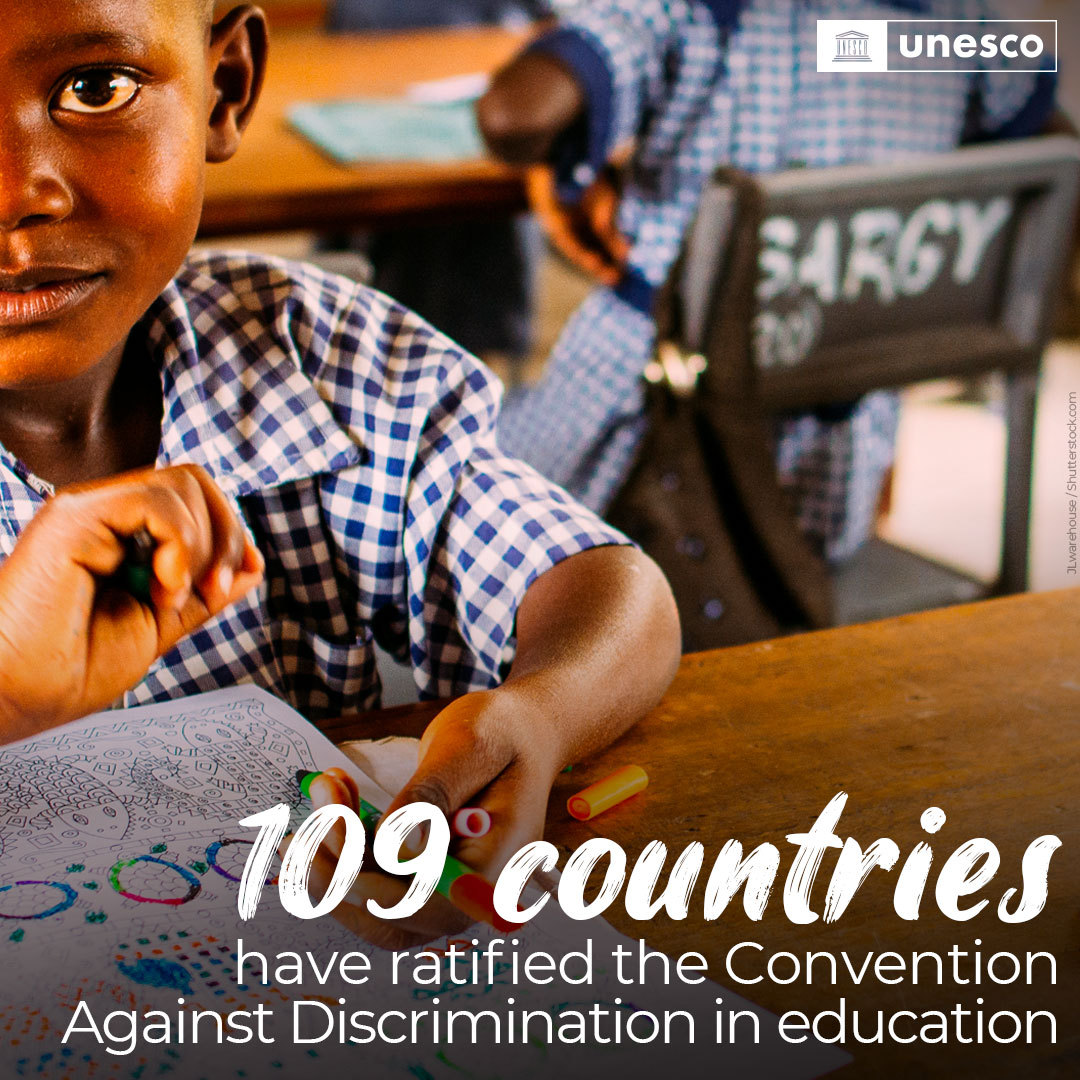 UNESCO's tweet photo. The @UNESCO Convention against Discrimination in Education makes sure that countries :

✔️Ensure free &amp; compulsory education.
✔️Promote equal education opportunities
✔️Prohibit any form of discrimination.

See how it guarantees the #RightToEducation: https://t.co/f8iE6kB8hj https://t.co/dkFMb7enlb