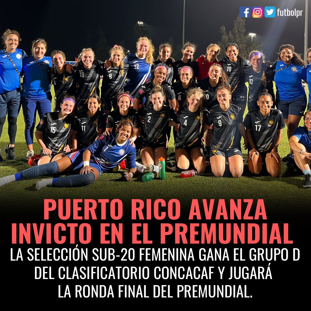 FutbolPR's tweet photo. 𝗣𝘂𝗲𝗿𝘁𝗼 𝗥𝗶𝗰𝗼 𝗴𝗮𝗻𝗮 𝗲𝗹 𝗴𝗿𝘂𝗽𝗼 𝗰𝗼𝗻 𝗺𝗮𝗿𝗰𝗮 𝗽𝗲𝗿𝗳𝗲𝗰𝘁𝗮

3️⃣  juegos
3️⃣ victorias 

Las boricuas se colocan entre las mejores 8 selecciones de la región. 

La ronda de campeonato se jugará desde el 24 de mayo en República Dominicana. https://t.co/jDc8Be4rmm