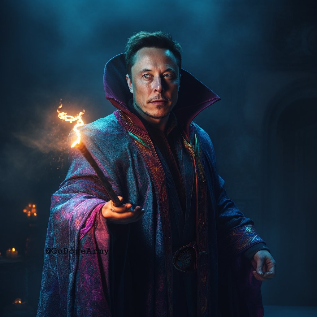 GoDogeArmy's tweet photo. Watch me summon the power of innovation and progress with a wave of my wand! The future belongs to those who believe in the beauty of their dreams. - @ElonMusk, the Ultimate Sorcerer ๐ฎโจ #MagicOfScience #InnovationIsMagic #GoDoge https://t.co/4mMpUIp4fm