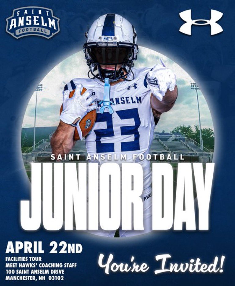 Thank you <a href="/Coach_Bick/">Joe Bick</a> for the junior day invite can’t wait to get on campus and talk with u guys!! <a href="/STAHawksFB/">Saint Anselm Football 🏈 #BCM</a> <a href="/CoachPriceFerg/">Price Ferguson</a> <a href="/CoachJoeAdam/">𝐉𝐨𝐞 𝐀𝐝𝐚𝐦 𝐇𝐁𝐂</a>