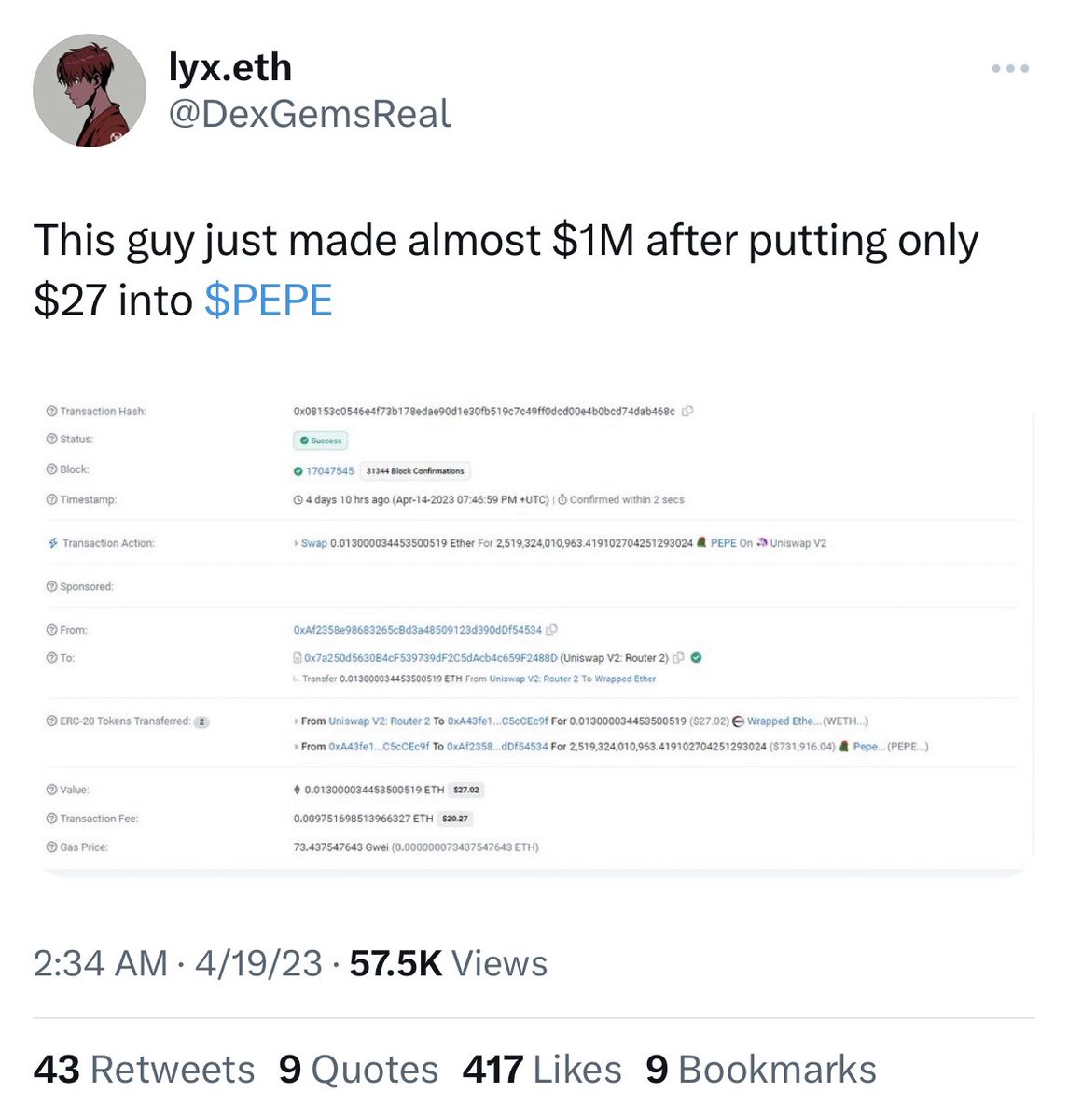 3orovik's tweet image. Someone turned $27 into $1,000,000 with $pepe