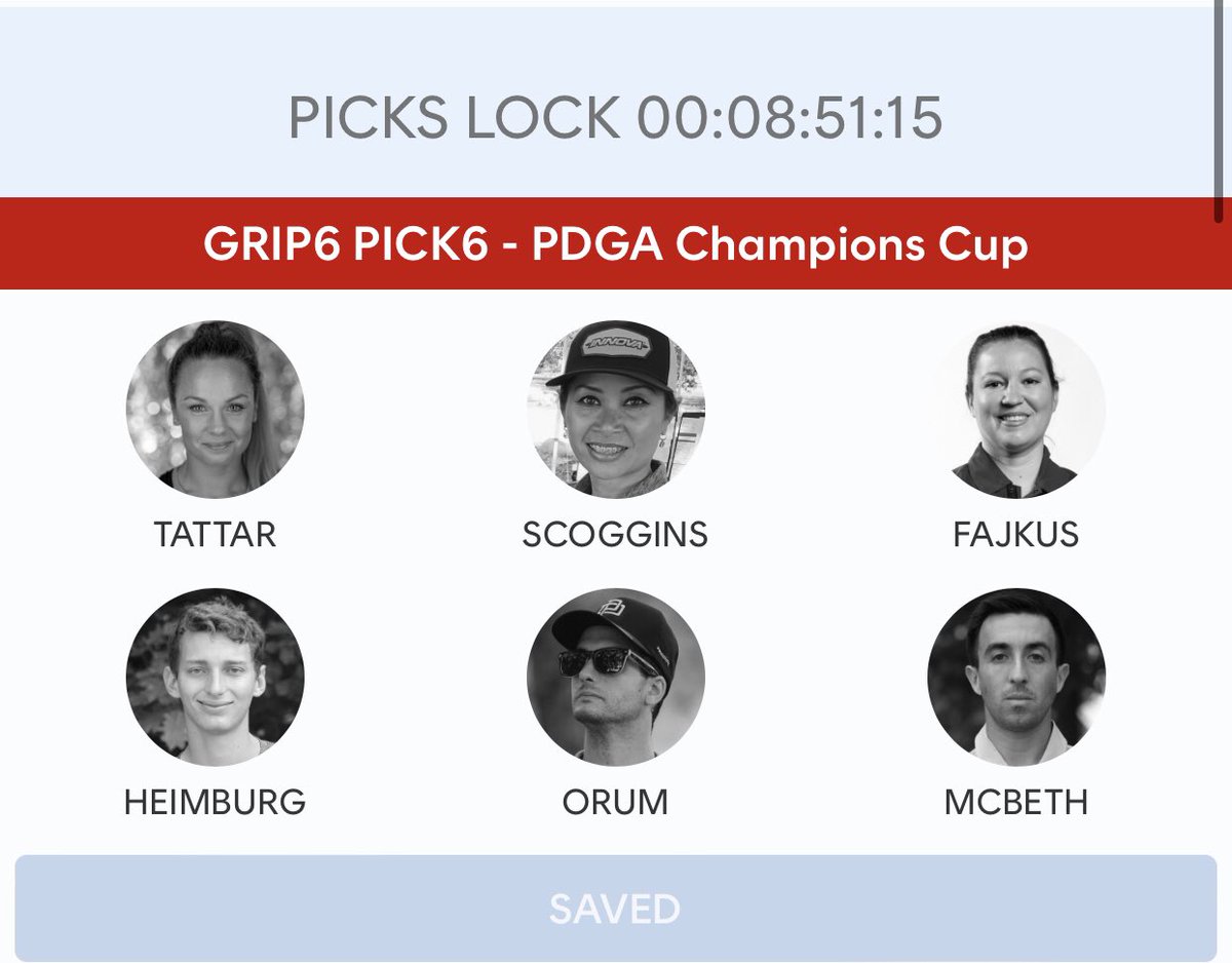 JlvWBgpSlV5QBHf's tweet photo. PDGA Champions CupのPicks lockまで残り9時間。
#pdga #PDGAChampionsCup #grip6 #pick6 #discgolf #ディスクゴルフ https://t.co/RMhTA2lgoo