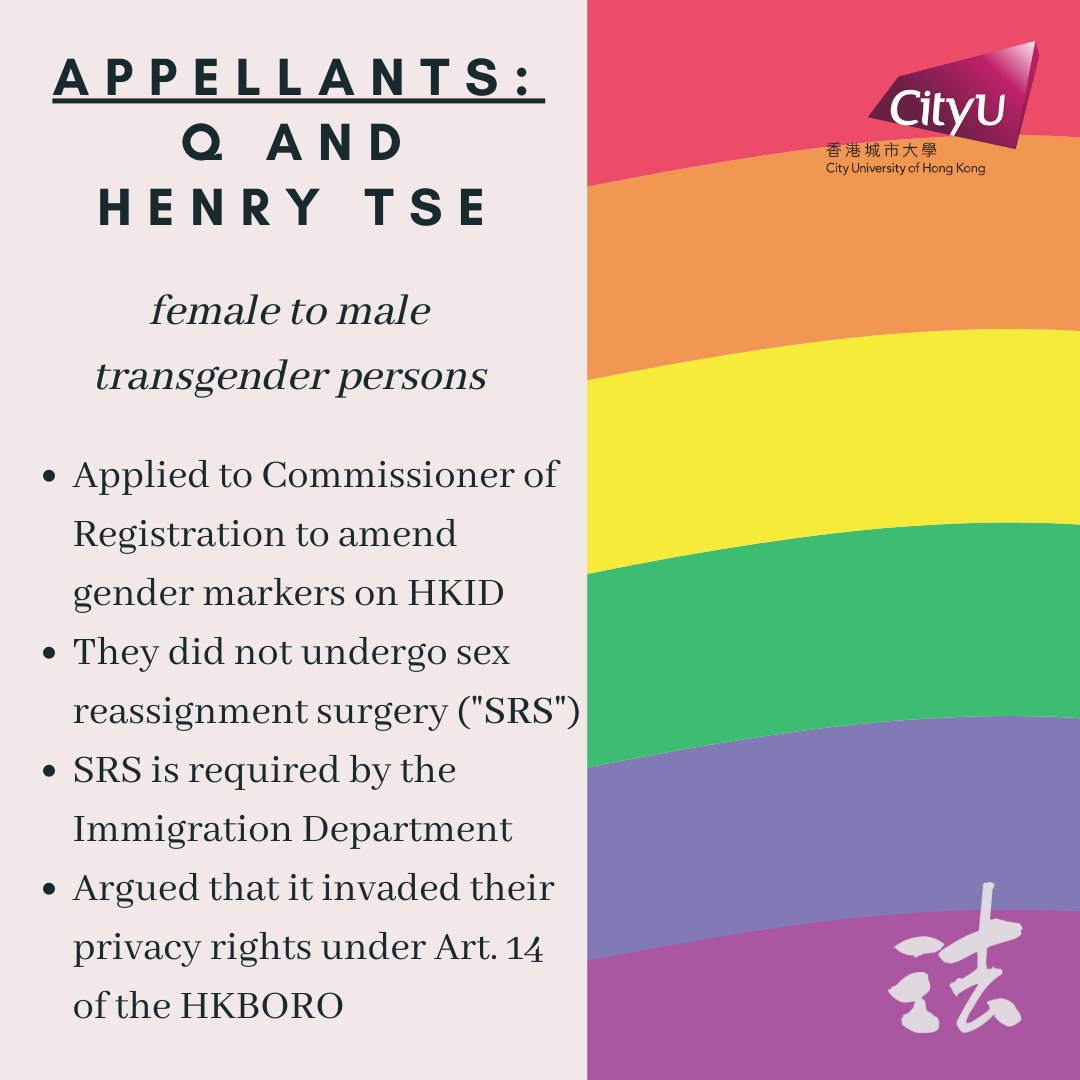 CityUHKLR's tweet photo. The appellants, Q and Henry Tse, applied to amend the gender markers on their HKID cards but were rejected due to not undergoing sex reassignment surgery, as required by immigration policy guidelines. https://t.co/aN2qa53zKz