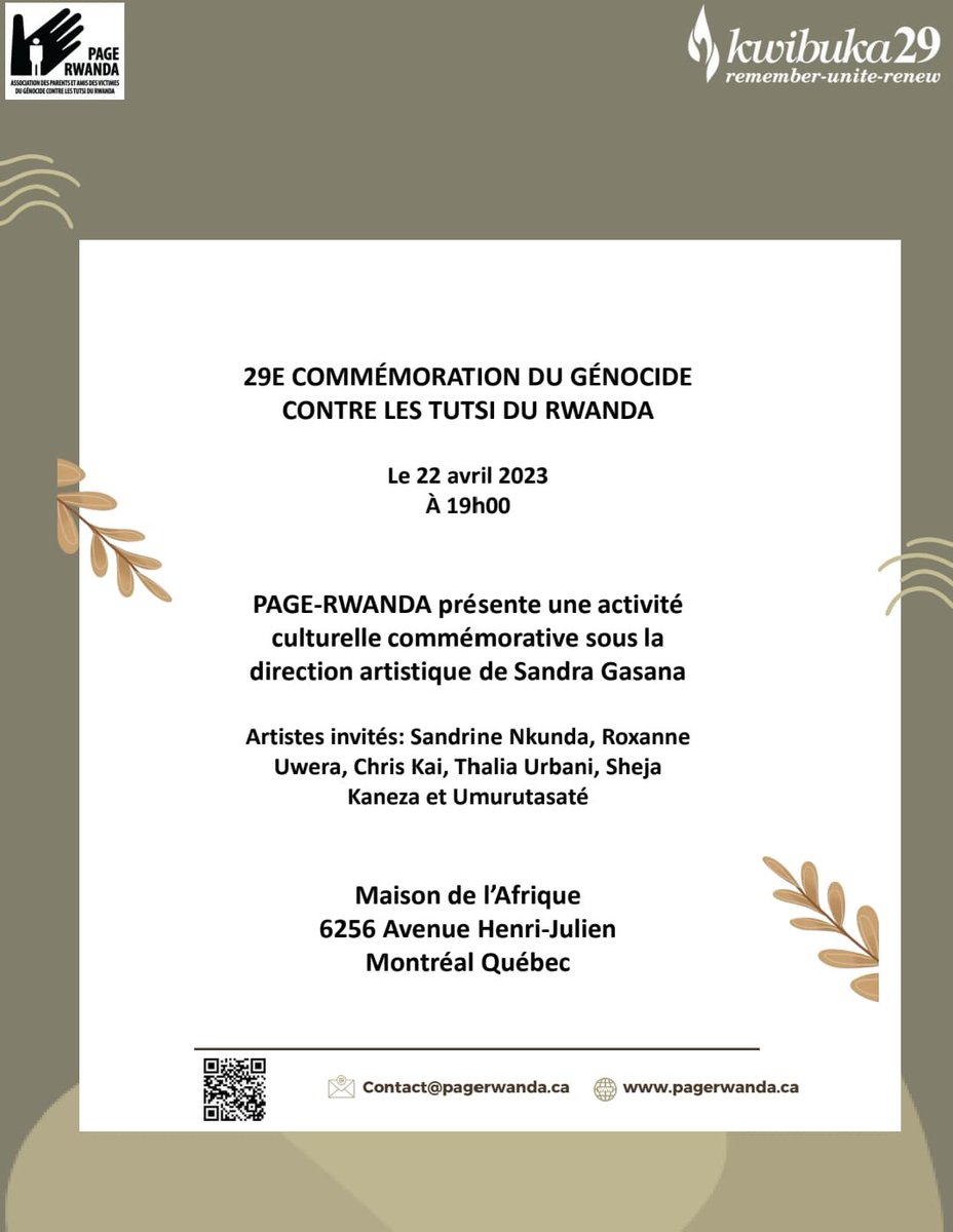 Dans le cadre de #Kwibuka29, vous êtes invités à cette activité culturelle commémorative qui sera animée par <a href="/San_Dra_80/">Umuruta</a> 

#PageRwanda #Montreal #GenocideNeverAgain #Rwanda1994

eventbrite.com/e/billets-kwib…