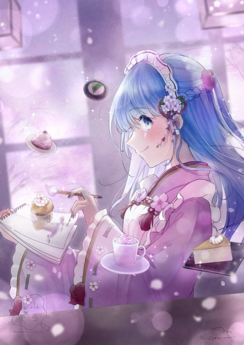 1girl japanese clothes blue hair solo wa maid food maid headdress  illustration images