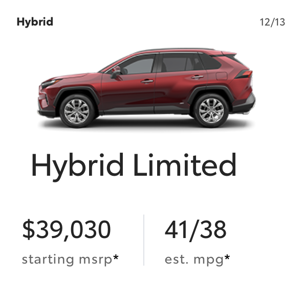 SawyerMerritt's tweet photo. Starting prices:
• Tesla Model 3 RWD (with federal incentive): $36,240
• Toyota Camry XSE V6: $36,645
• Honda Accord Touring Hybrid: $37,890

• Toyota RAV4 Hybrid Limited: $39,030
• Honda CR-V Sport Touring Hybrid: $39,100
• Tesla Model Y AWD (with fed incentive): $39,490