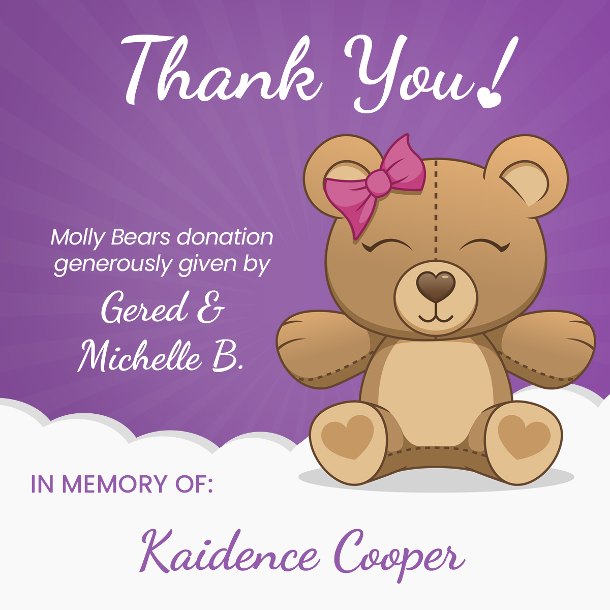 MollyBearsOrg's tweet photo. Thank You Gered &amp; Michelle B. for your generous donation to Molly Bears! This donation was made in memory of: Kaidence Cooper  
If you would like to make a donation to help support Molly Bears please visit: https://t.co/e8eqAeD7wU https://t.co/MZi2iKsNRt