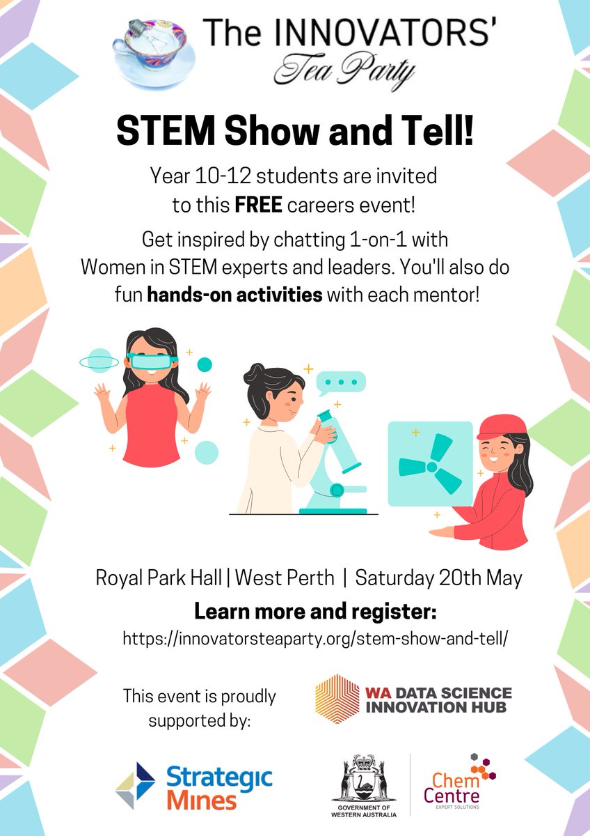 STEM Show and Tell! 🔬💻🌱✈️
Year 10-12 students are invited to our new event, STEM Show and Tell!
You'll get to chat with a range of Women in STEM Mentors, and participate in hands-on activities 🙌

Grab your FREE ticket at the link below:
innovatorsteaparty.org/stem-show-and-…