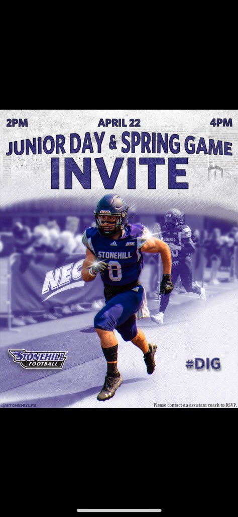 Thank you to <a href="/_CoachSalera/">Jake Salera</a> for the junior day invite!!super excited to get on campus and meet with u guys! <a href="/StonehillFB/">Stonehill Football #DIG</a>