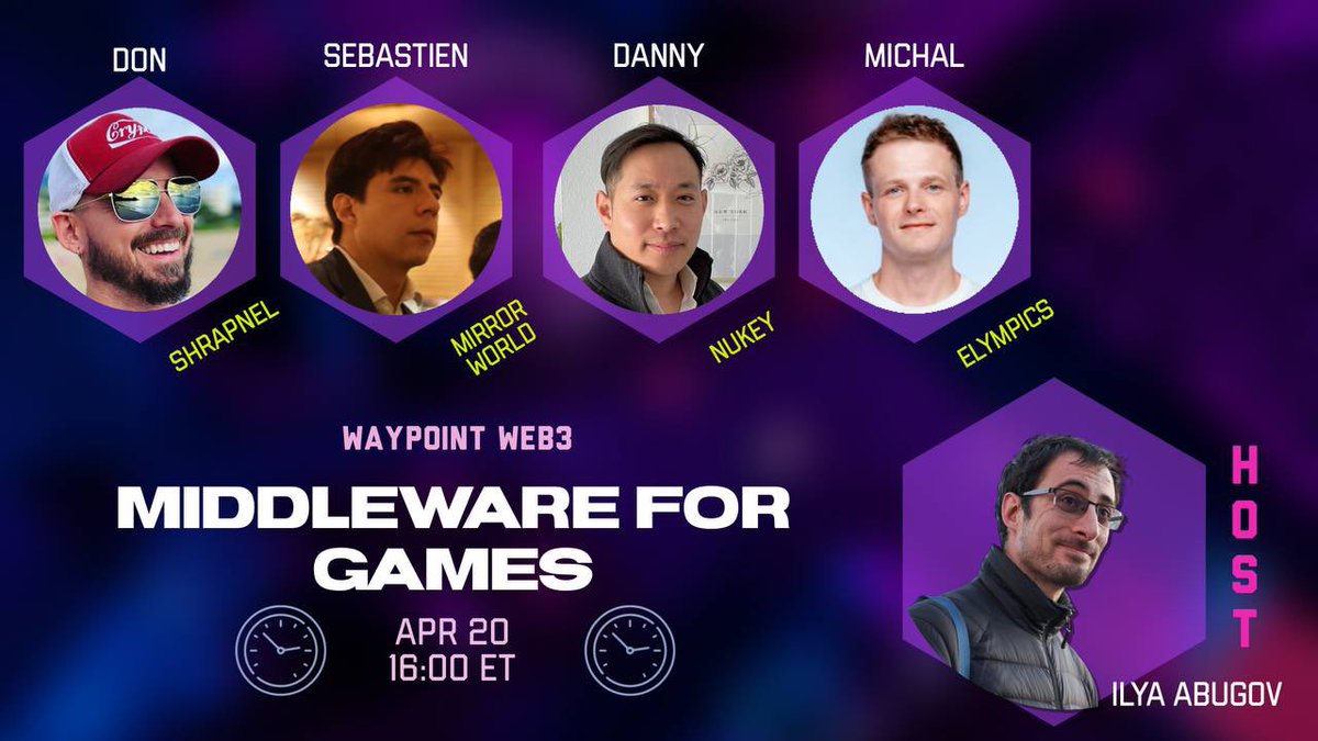 AbugovIlya's tweet image. #Web3 has been overhauling the tech stack for #games and on the next #WaypointWeb3 we discuss the importance of middleware with:

@DonNorbury @playSHRAPNEL 
@seb__________ @joinmirrorworld 
@hellodannykim NuKey
@mdab121 @elympicsgames 

Don’t miss it: