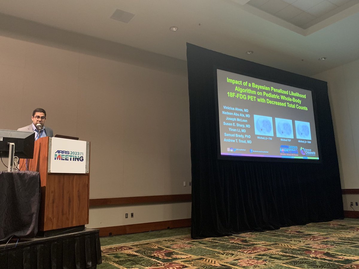 AndrewTroutMD's tweet photo. .@vinialvesMD gives yet another stellar talk at #arrs2023 - showcasing his work pushing the limits of #lowdose #pet in #pediatrics - we can do better with BSREM than OSEM recons! #pedsrad #nucmed @CincyKidsRad https://t.co/qwiZuWurGP