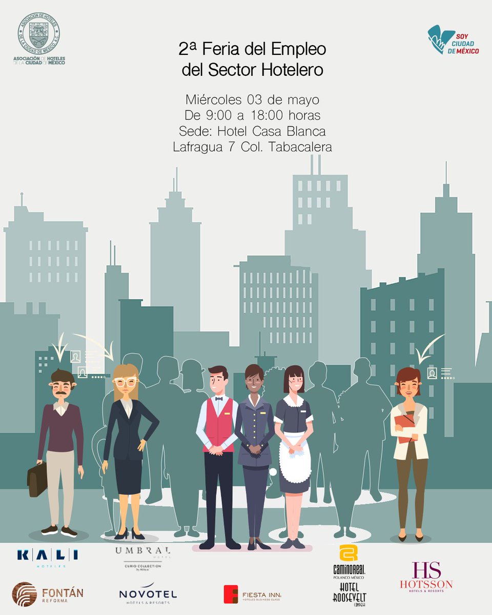 AsocHotelesCDMX's tweet photo. Prepara tu CV nuestra 2ª #FeriaDelEmpleo del #SectorHotelero es el 03 de mayo.
Las mejores vacantes de los hoteles de la #CDMX en busca de tu talento.
@HotelCasaBlanca 
@CaminoReal 
@HotelRoosevelt1 
@HSHOTSSON 
@fiestainn 
@CurioCollection 
@Kali_Hoteles 
#Novotel
#FontanReforma https://t.co/iIyNpENnWN