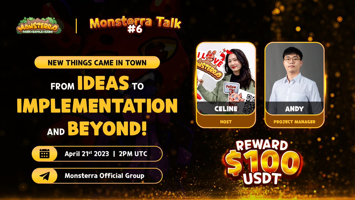Monsterra_P2E's tweet photo. 🔥📣#Monsterra Talk #6: New things came into town. From ideas to implementation and Beyond!📣

Join our beautiful host Celine & PM - Andy in the talk about the hot release of #MonsterraApp and the built-in wallet recently🔥

Mark your calendar as we've so much to share!
⏰ 2pm UTC, April.21st
↖️ https://t.co/FSSWl8EYVc
💰 100usdt/5 winners

🆘 Must:
✔️ Like & RT
✔️ Follow Monsterra & Celine @VanHangNg2
✔️ Cmt in-game ID + hashtag #MonsterraTalk 

SO EXCITED TO GOOO ⚡️⚡️⚡️