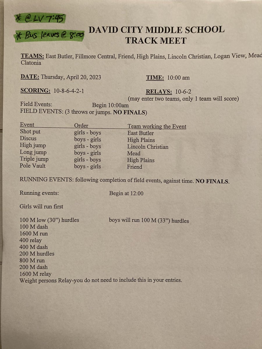 LVEraiderPE's tweet photo. JH track meet at David City. 
Athletes be at LV at 7:45. 
Bus rolls out at 8:00. https://t.co/c5ou3DBQJc