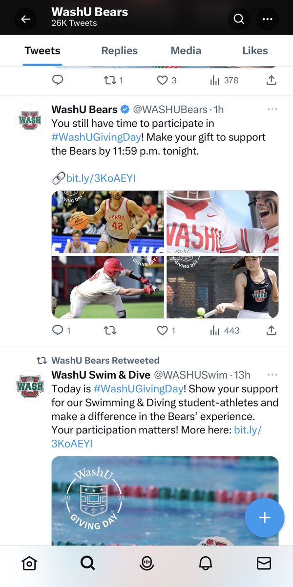 Supporting @WUSTL student athletes is important.

But @WASHUBears has promoted #WashUGivingDay more than any recent competition/story & it’s not even close. 

Can’t be bothered to post a link to a recap/promote a game but… “give us your money”🤡

#BattleOn💰

#process🤝#results