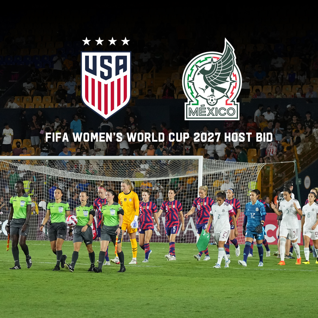 ussoccer's tweet photo. Together for 2027.  🇺🇸🇲🇽

The United States and Mexico will bid to host @FIFAWWC 2027 🏆 https://t.co/t93UzXqb1L