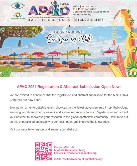 APAOphth's tweet photo. APAO 2024 Registration and Abstract Submission Now Open!
See you in Bali!
#APAO2024 #Registration #abstract_submission #bali #indonesia https://t.co/EX9p7fsoYp