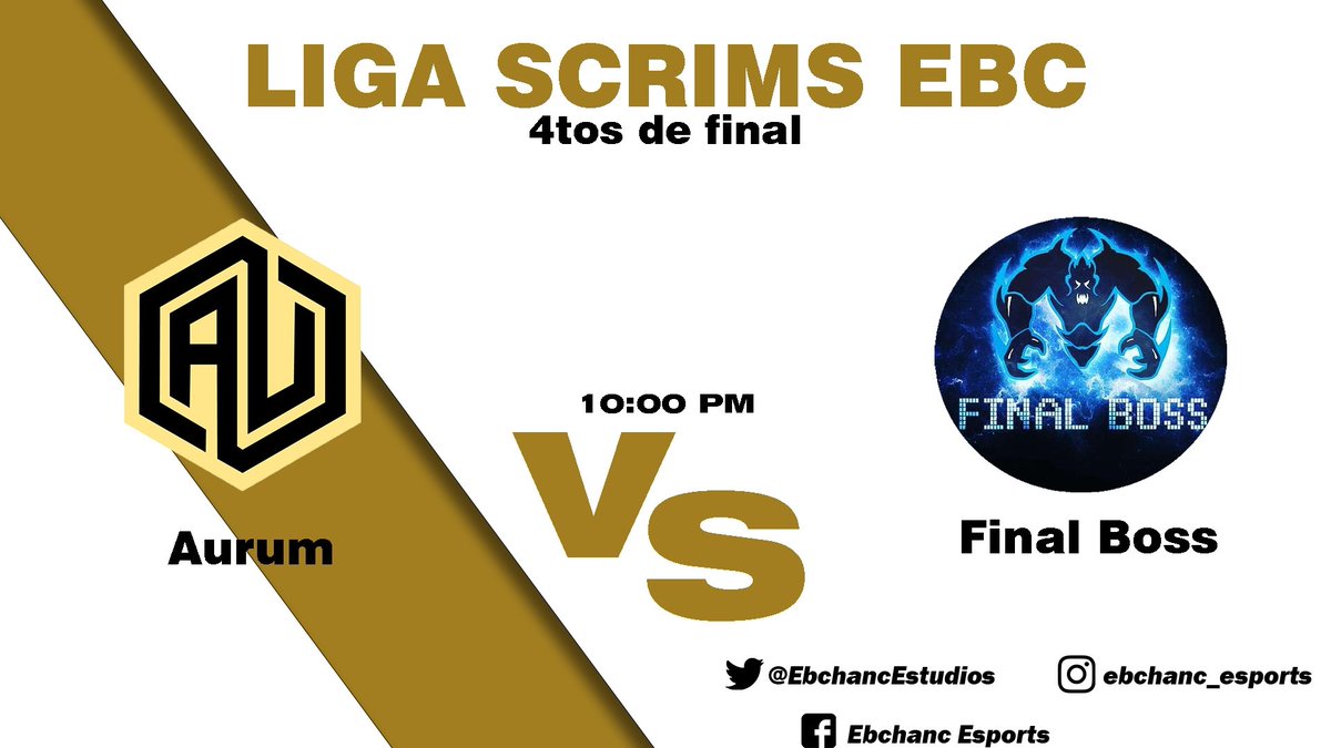 No te pierdas los encuentros de los 4tos de final en la liga de scrims EBC!!! 

<a href="/AurumX_/">Aurum</a> vs Final Boss
Transmisión: twitch.tv/ariislu?sr=a

#SomosEBC🦉