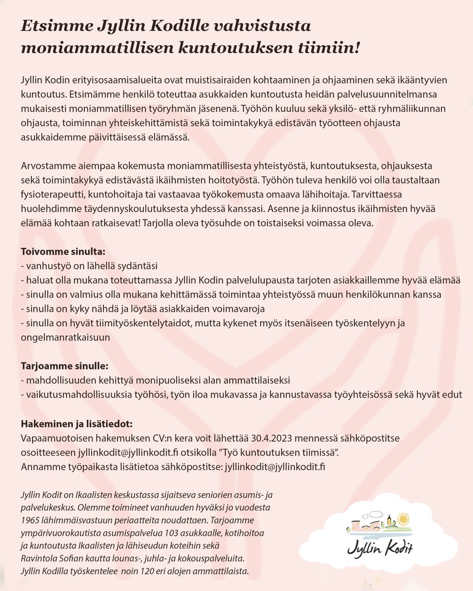 JyllinK's tweet photo. Etsimme vahvista moniammatillisen kuntoutuksen tiimiin - oletko se sinä? 

#jyllinkodit #rekrytoimme #kuntoutus #tulemeilletöihin #ikaalinen https://t.co/Hb0q810XMT