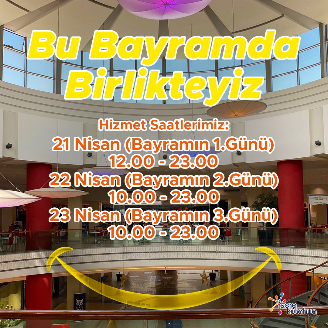 Bu Bayramda Birlikteyiz 😃

21 Nisan 12.00-23.00
22 Nisan 10.00-23.00
23 Nisan 10.00-23.00