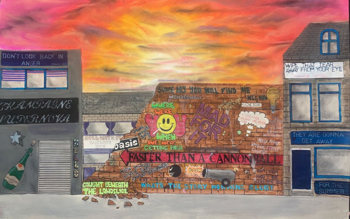 JanetHalmshaw's tweet photo. Oasis - Champagne Supernova painting by Paul Halmshaw. All lyrics to the song are written in graffiti on the buildings. Available in signed limited edition print. £50 plus postage. #oasis #liamgallagher #noelgallagher #nft #ART #lyrics #90s #musicart https://t.co/ach6MuuPEN