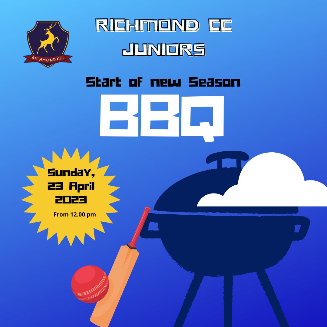 Richmondcricket's tweet photo. RCC Juniors' new season BBQ is happening this Sunday at Old Deer Park! Minis are training in the morning, with RCC 1st XI playing Middlesex Academy from 1pm.  Book food tickets here! https://t.co/opyPCvis2H https://t.co/7D3xNycXTV