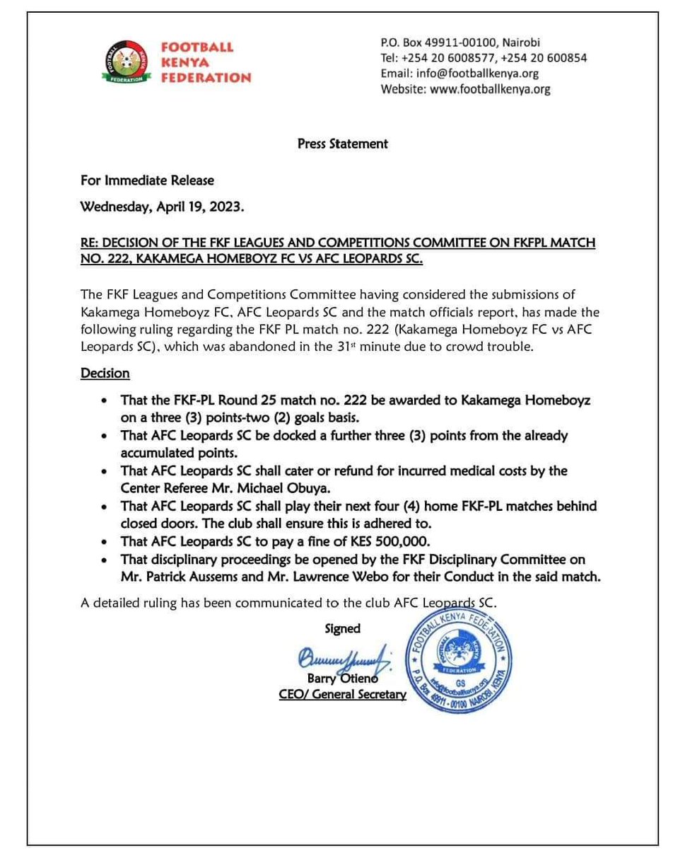 Quite unreasonable from <a href="/Officialfkfpl/">SportPesa League</a> <a href="/Nmwendwa/">Nick Mwendwa</a> . Attempts to discourage the only fans in country who attend local matches. Unless you are promoters of match fixing, you are supposed to build from <a href="/AFCLeopards/">AFC Leopards</a> spirit and grow football instead of trying to 'kill it". Sad. Appeal