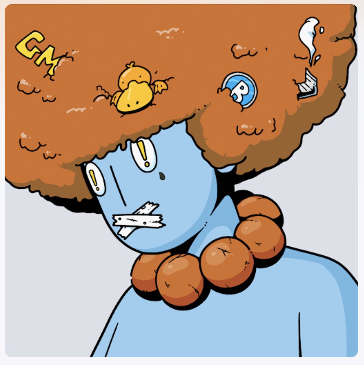 FennaJune's tweet photo. @BluutopiaNFT This guy… bluu afro puff guy with the GM and cute platypus peeking out of his hair.  I love when my nft has matching colors so I love that his hair matches his cool big ethnic beads https://t.co/yomABRF7jg