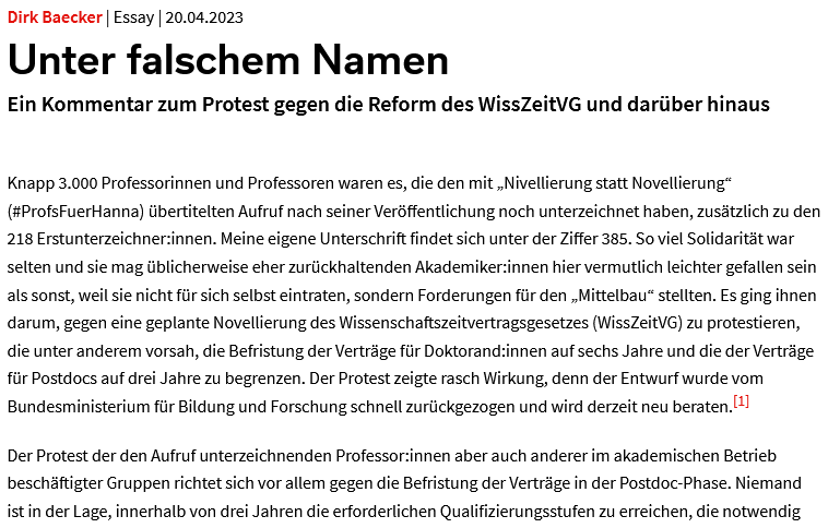 „Es kann nur darum gehen, die Universität grundlegend zu reformieren, für eine andere Struktur des Lehrpersonals und eine angemessene Ausbildung der Studierenden zu sorgen.“ – Dirk Baecker über #WissZeitVG, #ProfsfuerHanna und das Dilemma der Hochschulen.

soziopolis.de/unter-falschem…