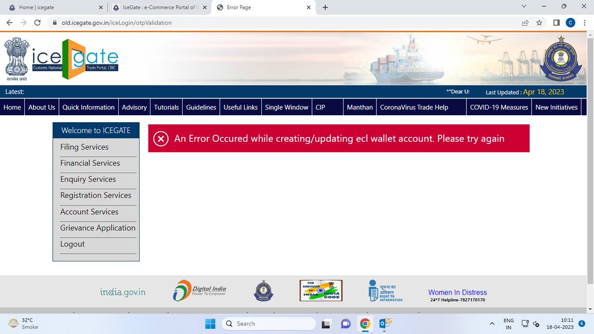 karanhpuri15's tweet photo. @cbic_india @ICEGATE_CBEC @jnchcustoms Please help me i am not able to activate my wallet. Everytime I am typing in the OTP an error message pops saying that unable to create or update ecl wallet. I have raised ticket IM02715137. Please help!!!! https://t.co/90UzrPyqus