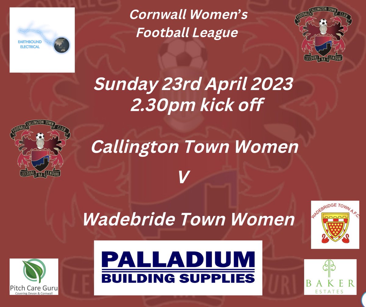 This Sunday our <a href="/CallyTownFC/">Callington Town FC</a> Women host <a href="/wadebridgelfc/">Wadebridge Ladies</a> in the <a href="/TheCWFL/">CWFL</a> at <a href="/therealginsters/">Ginsters</a> Marsh with a 2.30pm kick off <a href="/swsportsnews/">South West Sports News</a> <a href="/PLsportsnews/">PlymouthSportsNews</a> <a href="/sportscornwall/">Cornwall Sports Media</a> @PalladiumK <a href="/NigelWalrond/">Nigel Walrond</a> <a href="/KJMsport57/">Kevin Marriott</a>