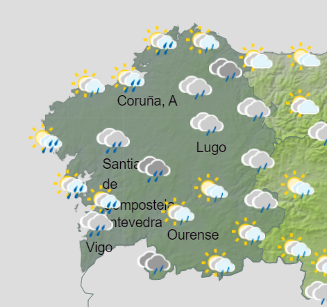 DelegGobGAL's tweet photo. #Bosdías #Galicia 🤓 Este sábado temos ceos nubrados e chuvias débiles☁️🌧️

🌡️ Temperaturas máximas e mínimas en descenso
🍃 Vento do oeste e suroeste, máis forte nas zonas altas do norte

➕ℹ️👉 @AEMET_Galicia https://t.co/lFsZ7eZ8AG