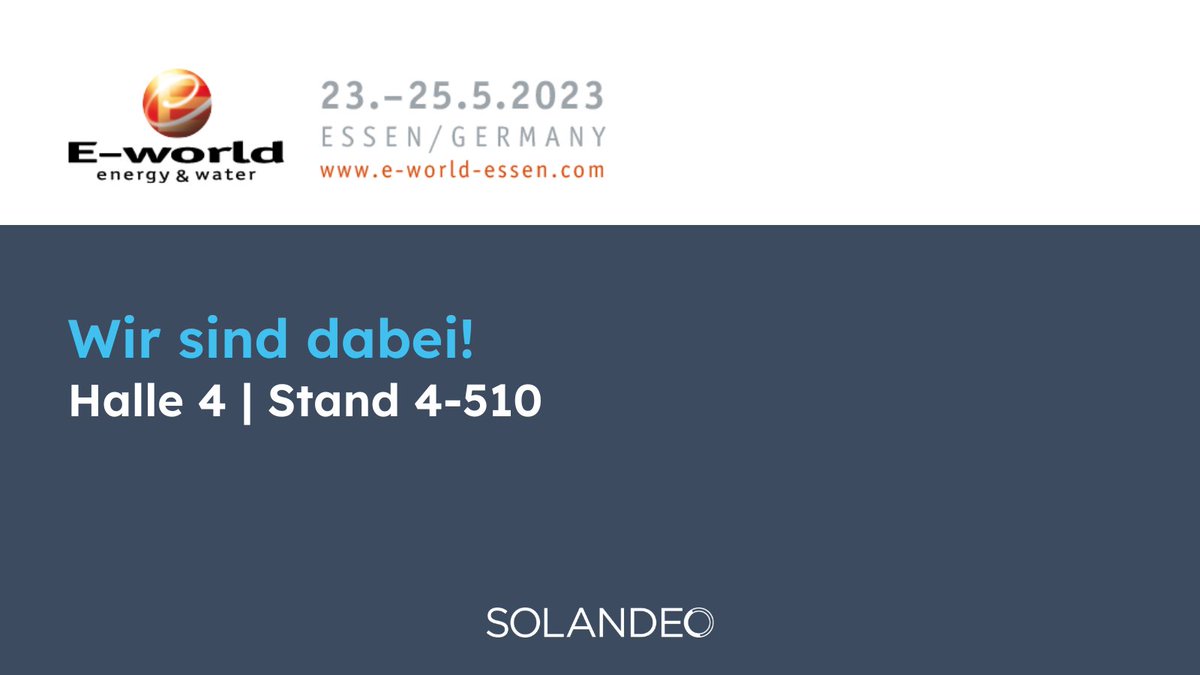 solandeo's tweet image. Vom 23.-25.5.2023 sind wir in Essen als Aussteller auf der @EworldEssen dabei. Besuchen Sie uns und lassen Sie sich zu unseren modularen Lösungen für den #SmartMeterRollout, #Redispatch 2.0, Prognosen und weiteren attraktiven digitalen Messdienstleistungen unverbindlich beraten.