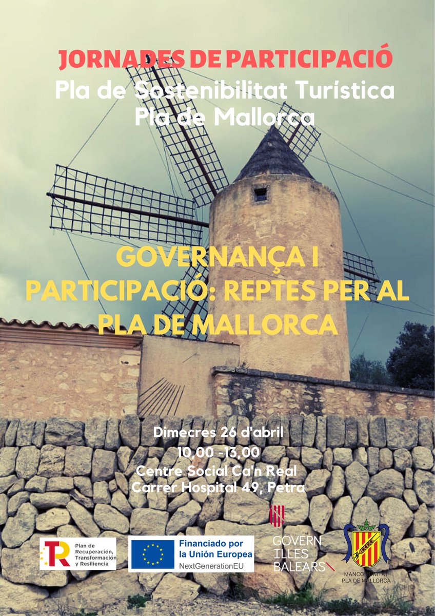 El proper divendres hi haurà aquesta Jornada relacionada amb el Pla de Sostenibilitat Turística del Pla de Mallorca. Hi estàs convidat/da. No és necessària la inscripció prèvia...