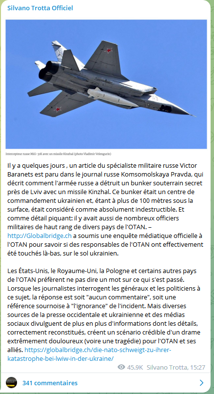 Brève - RUSSIE: Ses armes hypersoniques rendent toutes les défenses fragiles.

Détruire un bunker 100 mètres sous terre et tout son personnel prouve qu'aucun bunker n'est à l'abris. Que ce soit à KIEV à PARIS BERLIN LONDRES ou WASHINGTON!