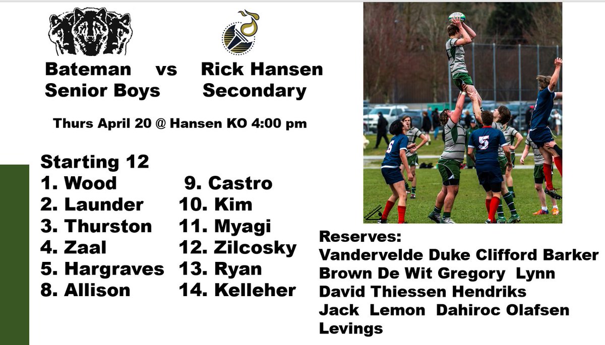 Bateman Rugby (@batemanrugby) on Twitter photo Wolves vs ‘Canes, Senior Boys rugby Thursday April 20, KO 4pm.
Go Wolves!
<a href="/AbbyNews/">Abbotsford News</a>
<a href="/AbbotsfordRFC/">Abbotsford RFC</a> Wolves vs ‘Canes, Senior Boys rugby Thursday April 20, KO 4pm.
Go Wolves!
<a href="/AbbyNews/">Abbotsford News</a>
<a href="/AbbotsfordRFC/">Abbotsford RFC</a>