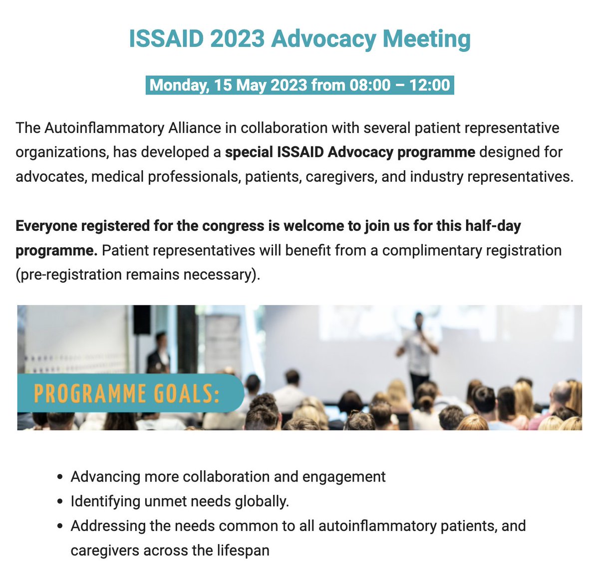 Come to the  #ISSAID2023 Advocacy Mtg Mon, May 15: 8am-12 pm. Hear from global Drs on unmet needs, inspiring advocacy, #narrativemedicine  +more. Patients/caregivers/advocates can come to the full congress for free! (code req)issaid.org/issaid2023/reg…
#raredisease #autoinflammatory
