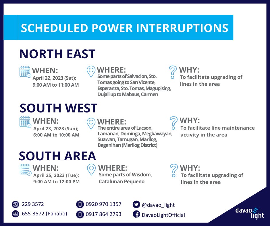 davao_light's tweet photo. Scheduled Power Interruptions affecting some parts of North East, South West, and South area on April 22, 23 &amp; 25, 2023 https://t.co/8fQwvAOGIG