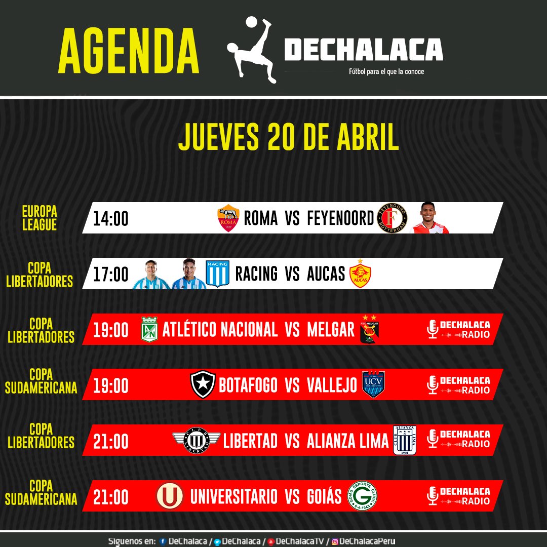 📰 #AgendaDeChalaca

📆 Jueves 20/04

Día lleno de fútbol con la participación peruana. Marcos López espera tener minutos en el Roma-Feyenoord. En la tarde, Racing de Paolo Guerrero recibe a Aucas. Cuatro equipos peruanos  verán acción hoy en Libertadores y Sudamericana