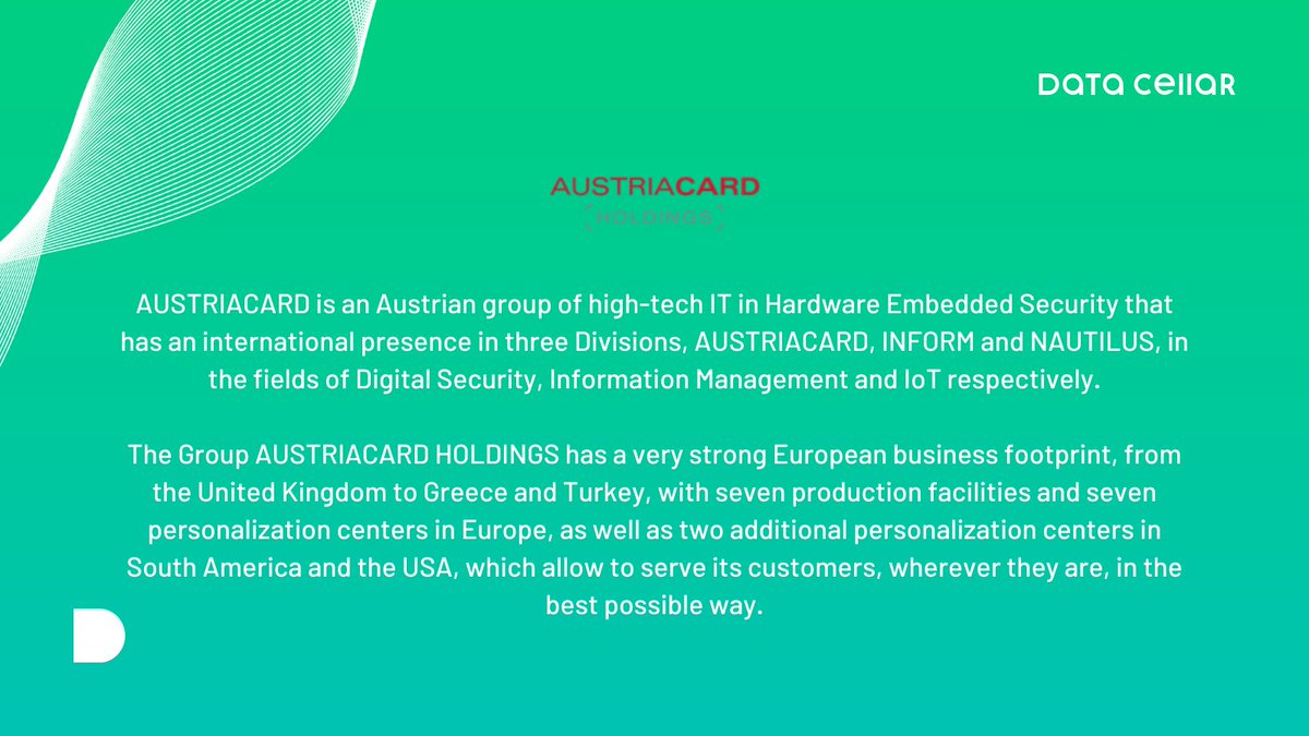 DATACELLAR_EU's tweet photo. π’ AUSTRIACARD employs 1.300 people and has an international presence in three Divisions in the fields of Digital Security, Information Management and IoT respectively, with a total turnover of β¬ 175 million in 2020.
πhttps://t.co/3vflQzmiI0
#DATACELLAR_EU https://t.co/fZ4mXkv3L4