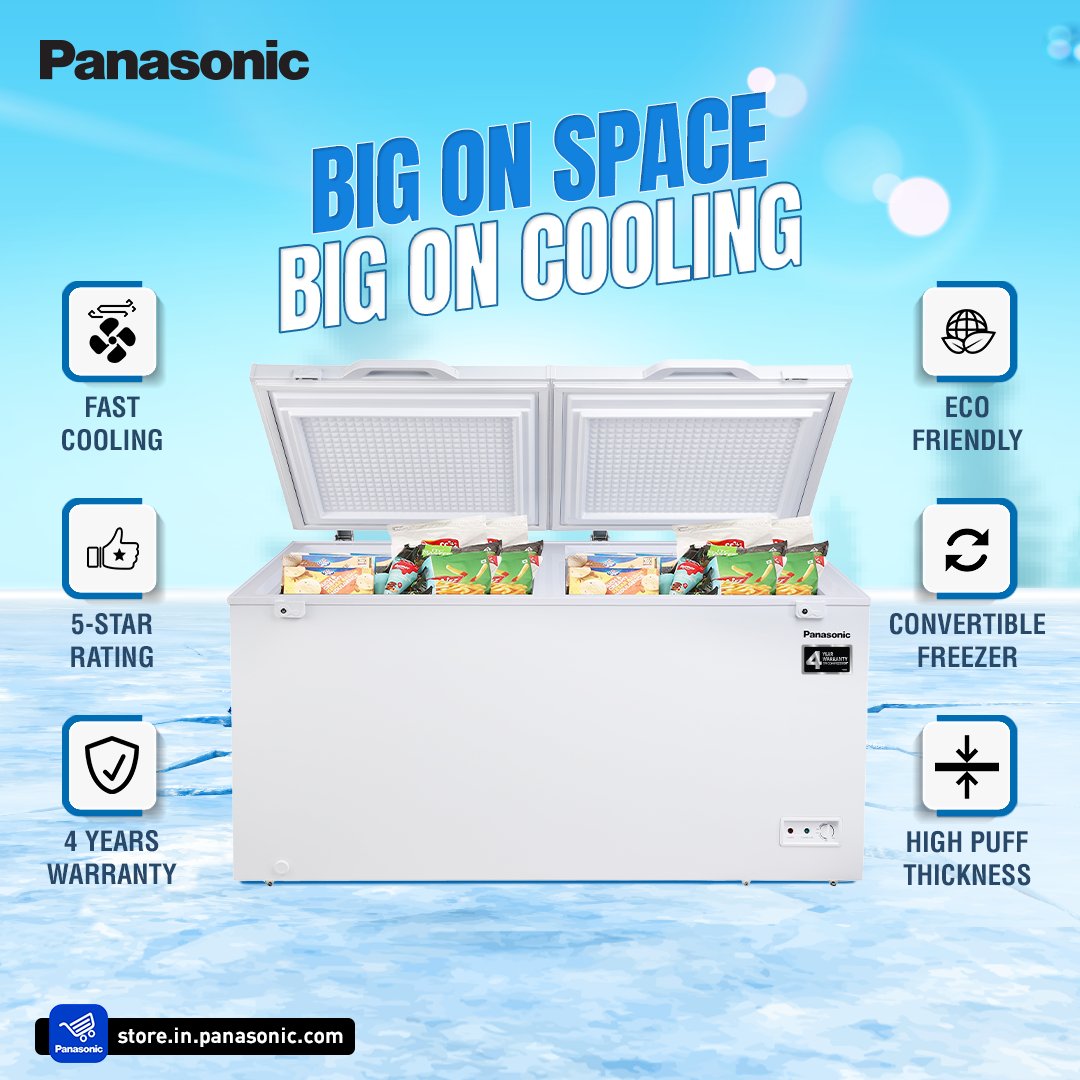 PanasonicIndia's tweet image. Get a spacious and energy-efficient Panasonic convertible freezer with high cooling retention and power savings to store a variety of items from fresh veggies to frozen food and beverages! 

#DeepFreezer #PanasonicIndia