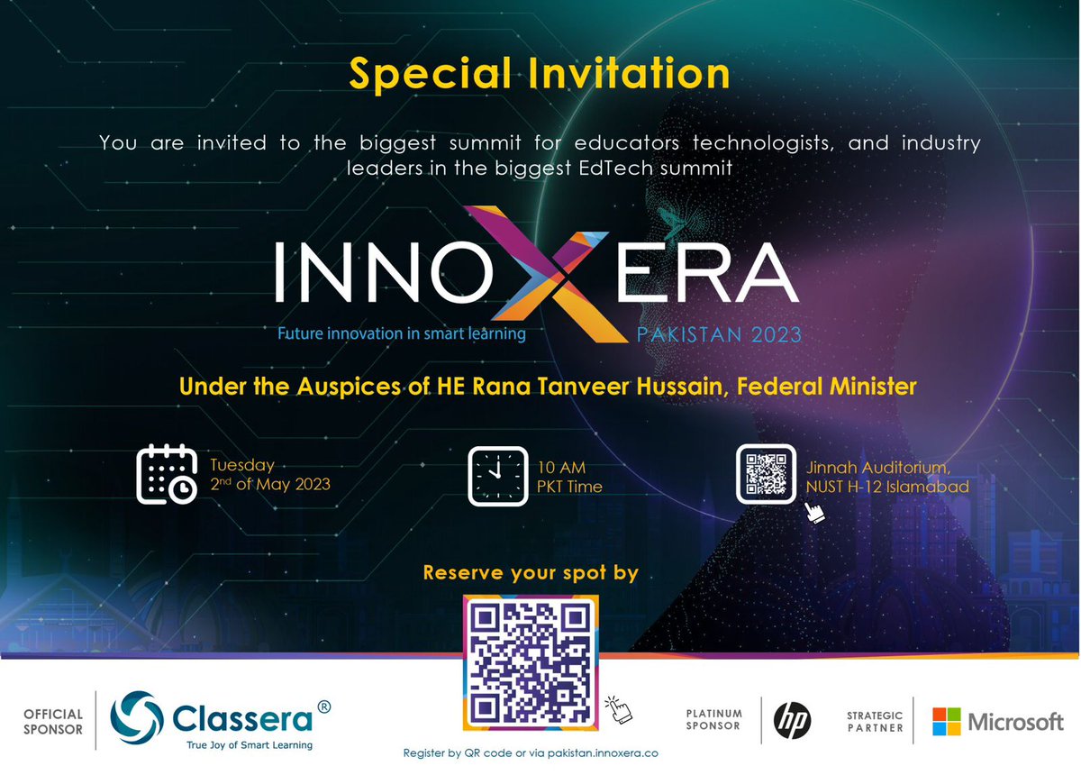 redmarkersystem's tweet photo. As an #OutreachPartner, we’re excited to invite you to witness the future of #EdTech and push the boundary of innovation in smart learning at #InnoXera 2023 #Pakistan, happening on 2 May 2023 at #NUST, H-12 #Islamabad

#RedMarkerSystems | #InnoXera2023 https://t.co/Q6nuDWYviU