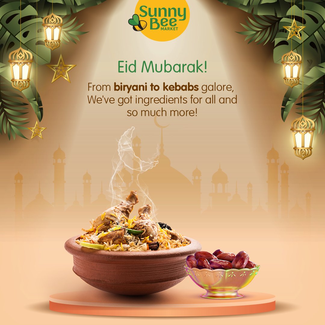 Indulge in finger-licking biryani made in your kitchen with SunnyBee's freshest spices &amp; ingredients. Visit us today to relish the perfect blend of taste and aroma this #Eid. Eid Mubarak to you and your family!   #SunnyBeeMarket #GatheringGoodness #RedefiningRetail #EidMubarak