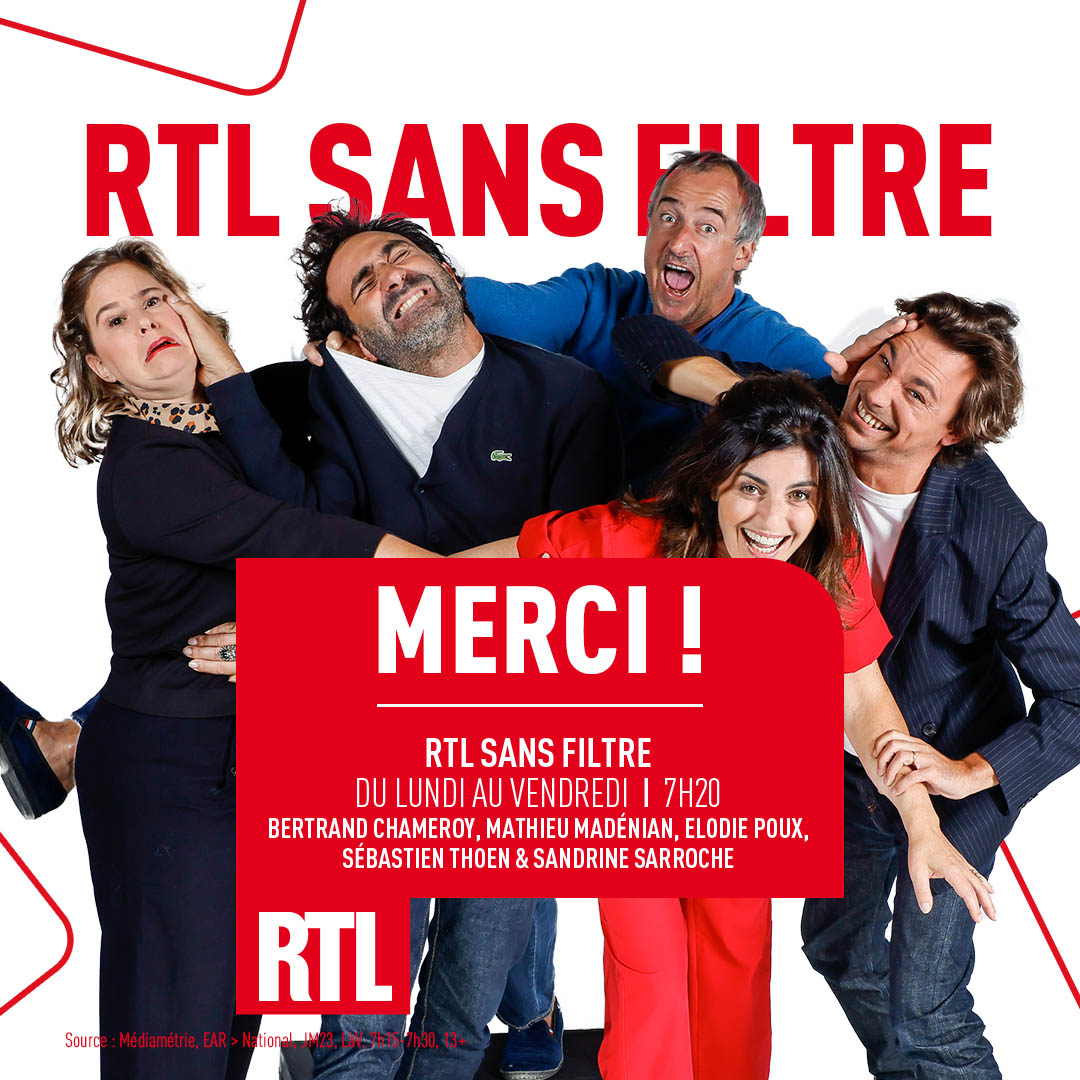 RTL_presse's tweet photo. 🎙😂 #AudiencesRadio MERCI !
RTL Sans Filtre fait rire 1,3 million d'auditeurs chaque matin sur @RTLFrance !

Bravo @bchameroy, @mathieumadenian, @ElodiePoux, Sébastien Thoen et @sarroche ! 👏

#Radio #Médiamétrie #RTLMatin https://t.co/pFQiDqmoJ0