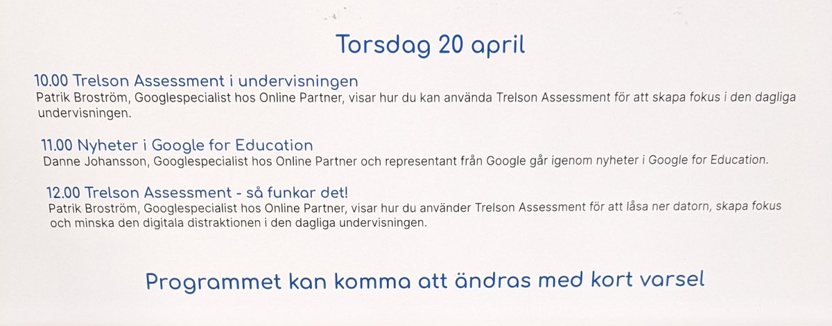 onlinepartnerAB's tweet photo. God morgon! ☀️ Tredje och sista dagen på @SETTdagarna. Eftersom mässan stänger 15:30 har vi ett något kortare program, välkomna till monter A:29 🌟 #SETTmässan #SETT2023 #EdTech #OnlinePartner #GoogleForEdu #lärare https://t.co/ko4dEPqcrO